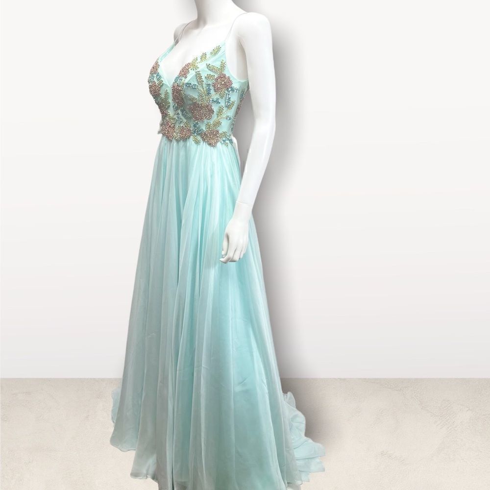 Mac Duggal Light Blue Embellished Tulle Evening Gown Lace Up Back Slit Dress - Picture 5 of 8